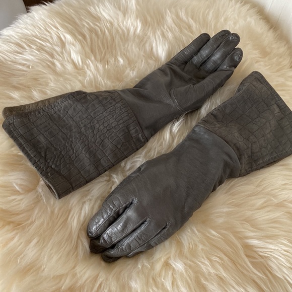 Mid-length 100% grey leather gloves, embossed wrist with slit! Size 7 - Picture 11 of 13